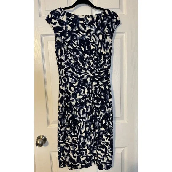 Ralph Lauren Dress 8 Stretch Sheath Blue Ivory Washable Knot Sleeveless NEW - Picture 11 of 13